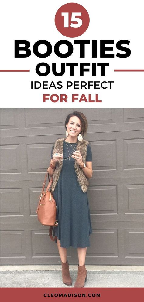 woman standing in front of garage Fall Boots For Dresses, Booties With Dress Midi, Fall Dresses With Boots Ankle Booties Short, Shoes For Fall Dress, Fall Dresses With Boots 2023, Fall Boots And Dresses, Fall Dresses And Boots, Booties For Dresses, Shoes For Fall Dresses