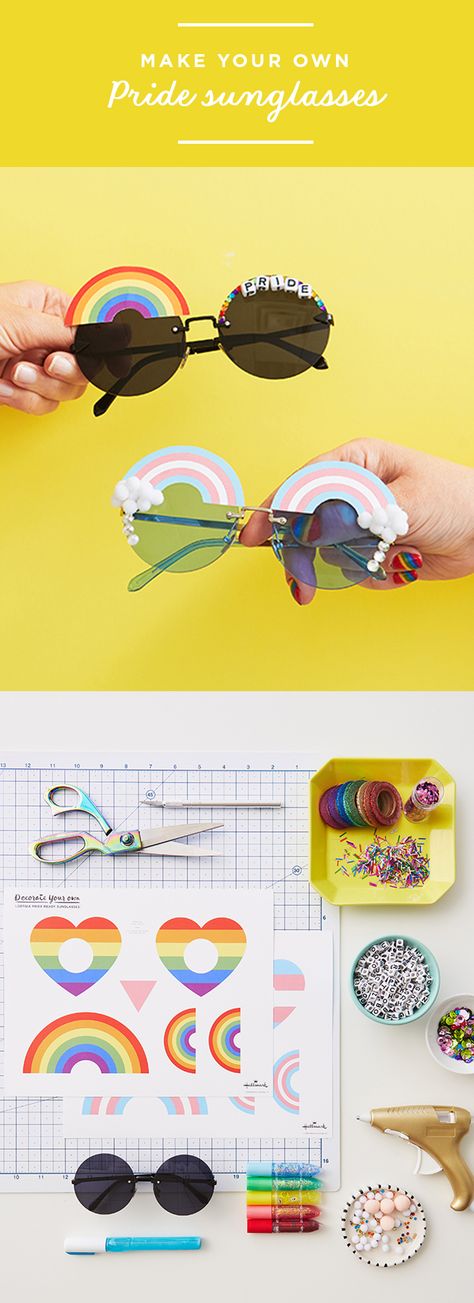 It’s Pride Month, and that means getting your rainbow on for parades and parties that celebrate the LGBTQ community. Hallmark Designer Katie K. came up with these perfect—and perfectly easy—DIY Pride Sunglasses. Print out our free downloads, get out your craft supplies, and turn ordinary sunglasses into FUNglasses. Pride Diy Ideas, Pride Kids Craft, Diy Pride Decorations, Pride Month Activities For Teens, Easy Pride Crafts, Pride Activities For Teens, Lgbtq Crafts Ideas, Pride Craft Ideas, Pride Crafts To Sell