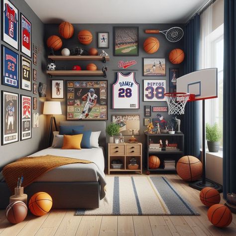 Basketball Themed Bedroom, Sports Themed Bedroom, Sports Room Boys, Basketball Bedroom, Basketball Room, Teenage Boy Room, Sport Bedroom, Boys Bedroom Makeover, Big Boy Bedrooms