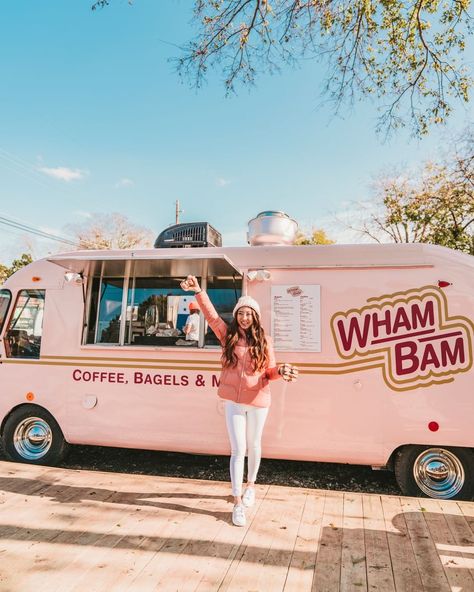 KOKO | Austin Food Blogger on Instagram: “💕twinning with the cutest little new pink bagel truck in south austin near st. elmo! check them out this weekend: open 7am - 3pm⠀⠀…” Bagel Food Truck, Pink Food Truck, Boba Truck, Food Truck Aesthetic, Retro Food Truck, Bakery Food Truck, Bakery Truck, Camper Exterior, Event Rental Business