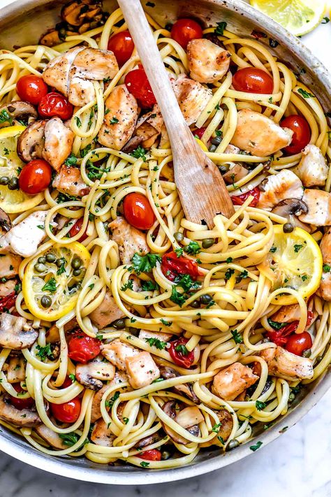 Chicken With Mushrooms And Tomatoes, Tomato Caper Pasta, Capers Pasta Recipe, Light Tomato Pasta, Medley Tomatoes Recipes, Chicken And Tomato Pasta Recipes, Mushroom And Tomato Pasta, Lemon Tomato Pasta, Chicken And Linguine Recipes