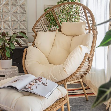 🌟 Embrace versatility with our Egg Basket Chair, perfect for both indoor and outdoor spaces! 🌿🏡 🪑 Experience ultimate comfort in our upgraded extra-large wicker egg chair. 📚 Spacious design with a widened opening, perfect for taller individuals. 🛋️ Comes with a matching ottoman for leg support or as a small table. ☀️ Made of durable rattan that withstands sun, heat, rain, and cold. 🌀 Curved powder-coated steel frame adds stability and durability. 💺 Includes a 6-inch thick cushion and headre... Egg Seat, Cocoon Chair, Wicker Egg Chair, Colorful Outdoor Furniture, Basket Chair, Fluffy Cushions, Hanging Egg Chair, Chair Yoga, Hammock Stand