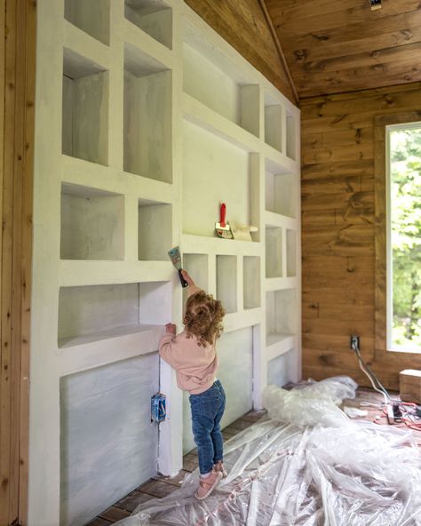 Plaster Cabinets Diy, Concrete Built In Shelves, Built In Plastered Shelves, Plaster Built In Shelves, Plaster Bookcase, Plaster Cabinets, Plaster Shelving, Plaster Bookshelf, Plaster Shelves