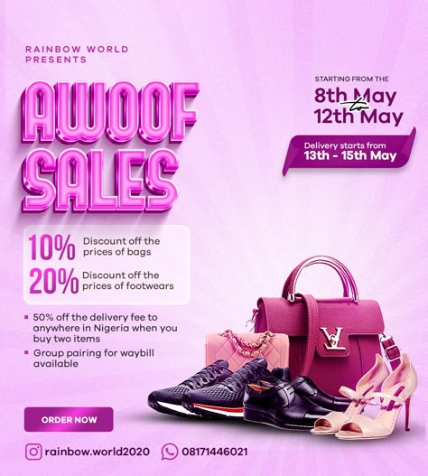 Sales discounts on bags and footwears. Clothes Sale Poster Design, Fashion Business Flyer Design, Cloth Graphic Design, Boutique Poster Design Ideas, Clothing Flyer Design Inspiration, Sales Design Graphics, Shopping Flyer Design, Discount Sales Flyer Design, Sale Flyer Design Ideas