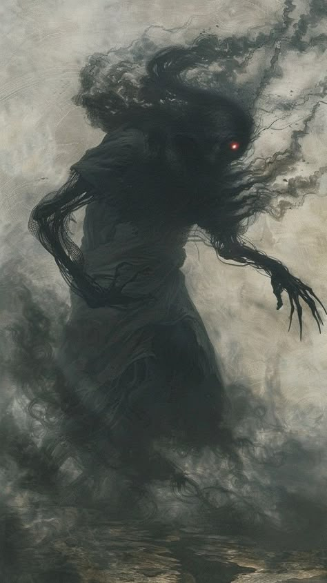 A shadowed figure shrouded in swirling black mist, eyes glowing an eerie red, performs a ritualistic dance. A ghostly apparition rises from the ground, its form flickering and distorted, reaching out with skeletal fingers. The air crackles with arcane energy, casting long, ominous shadows on the desolate landscape. Desolate Landscape Fantasy Art, Shadow Monster Concept Art, Fantasy Shadow Creature, Shadow Fantasy Art, Shadow Fiend Art, Shadow Figure Art, Black Figures Shadows, Shadow Creature Art, Ghost Concept Art