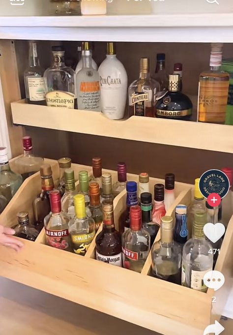 Liquor Drawer Storage, Built In Bar Corner, Under Bar Cabinet Ideas, Under Cabinet Liquor Storage, Drybar Storage, Bar Pull Out Drawers, Bar Glass Storage Ideas, Glassware Storage For Bar, Bar In Pantry Closet