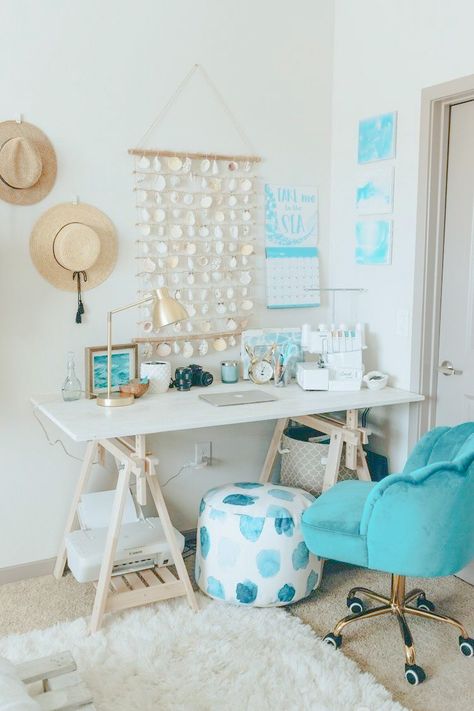 Boho Bedroom Office, Beachy Desk, Coastal Dorm, Aesthetic Challenge, Beach Desk, Beachy Boho Bedroom, Surfer Room, Chic Workspace, Surf Room Decor