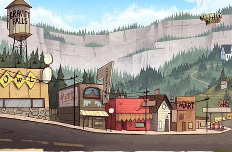 Gravity Falls Postcard, Gravity Falls Landscape, Gravity Falls Background Art, Gravity Falls Scenes, Gf Background, Gravity Falls Background, Gravity Falls Town, Mimi Wallpaper, Environment Painting