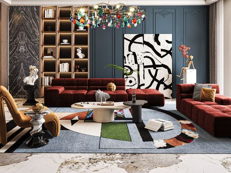 MODERN CONTEMPORARY LIVING ROOM WITH THE VIBRANT MIRA RUG - ROOM BY ROOM - RUG'SOCIETY | THE DELUXE OF PAST & PRESENT Patricia Urquiola Interior, Modern Contemporary Living, Living Room Stands, Rug Room, Modern Contemporary Living Room, Patricia Urquiola, Bespoke Interiors, Contemporary Living Room, Cubism