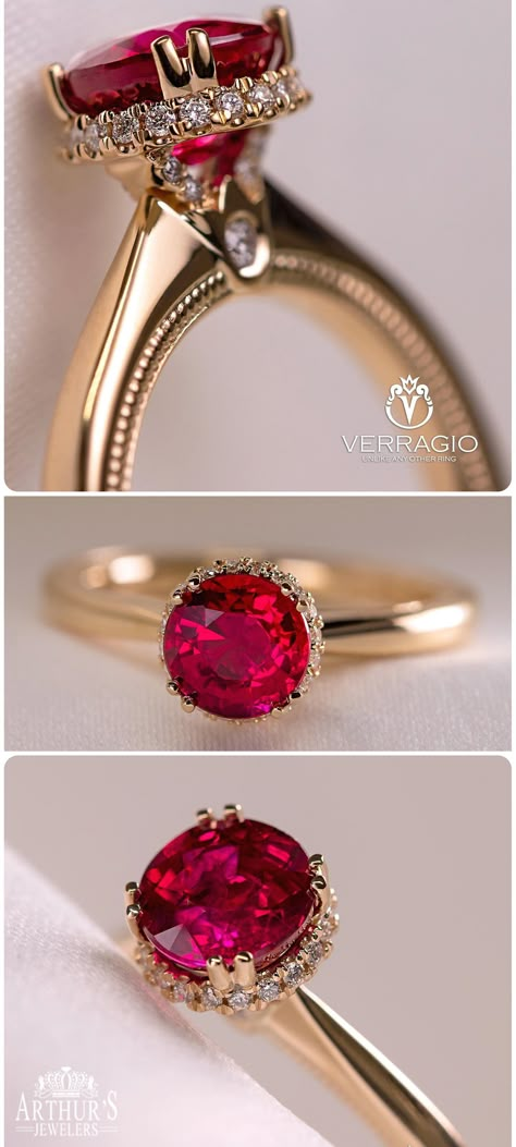 Be Different, Be Unique! Ruby and diamond engagement ring by Verragio. Unique Ruby Ring, Victorian Engagement Rings Ruby, Ring Designs Ruby, Vintage Ruby Wedding Rings, Ruby Engagement Ring Gold Vintage, Red Engagement Ring Unique, Antique Ruby Engagement Ring, Victorian Ruby Ring, Ruby Ring Designs Unique Gold