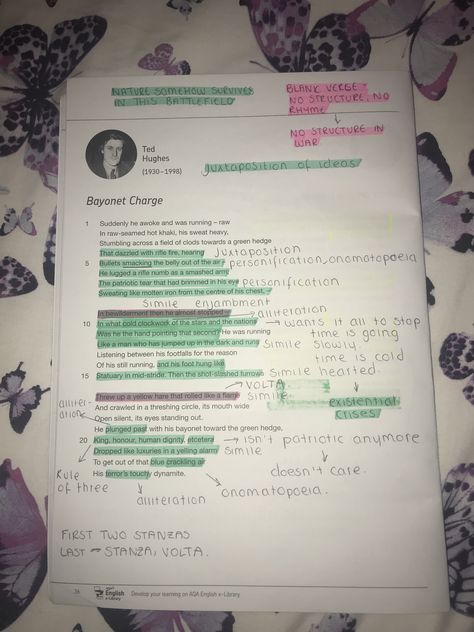 Here are some notes about Bayonet Charge✌🏼 Bayonet Charge Annotations, Bayonet Charge Analysis, Bayonet Charge, Poetry Revision, English Literature Poems, Gcse Poems, School Revision, English Gcse Revision, English Gcse