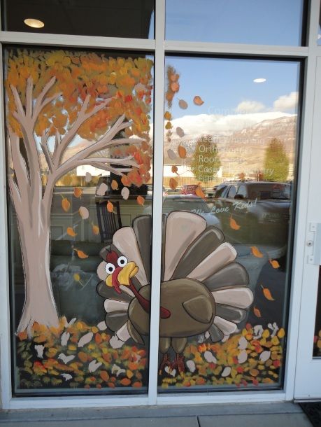 christmas window painting | window painting/ seasons Spring,Summer, Fall etc. Fall Window Painting, Autumn Window Display, Painted Window Art, Fall Windows, Christmas Window Painting, Window Mural, Window Crafts, Window Projects, Deco Nature