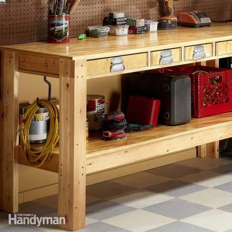 Follow simple work bench plans to build a sturdy, tough workbench that'll last for decades. It has drawers and shelves for tool storage. It's inexpensive. Tablesaw Workbench, Simple Workbench, Simple Workbench Plans, Projek Diy, Workbench Ideas, Building A Workbench, Folding Workbench, Garage Atelier, Workbench Plans Diy