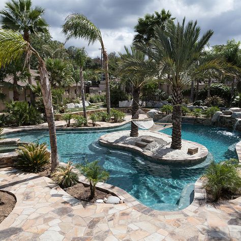 Extreme Pools - Balinese Inspired Pool & Infinity Edge Pool Backyard Lazy River, Stone Waterfall, Pool Landscaping Ideas, Lazy River Pool, Paradise Pools, Geometric Pool, Dream Backyard Pool, Pool Finishes, Infinity Edge Pool