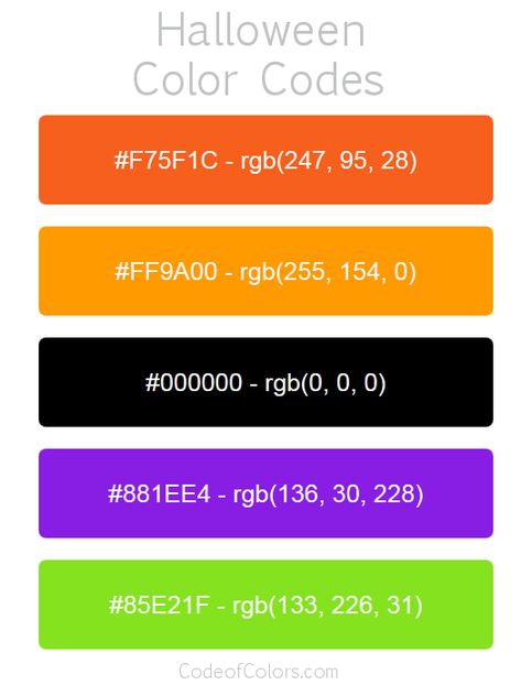 Halloween Color Palette and Scheme Rgb Color Palette, Rgb Palette, Halloween Palette, Halloween Color Palette, Pallet Halloween, Halloween Digital Art, Rgb Color Codes, Halloween Colors, Color Design Inspiration