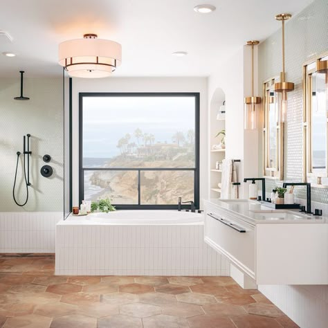 If you love the relaxing, cool, and contemporary vibe of this spa-like coastal bathroom, make the look your own by shopping for the same products! Adu Bathroom, Spanish Modern, Coastal Bathroom, Large Bathroom, Primary Bath, Bathroom Redesign, Master Bath Remodel, Bathroom Remodel Designs, Small Homes