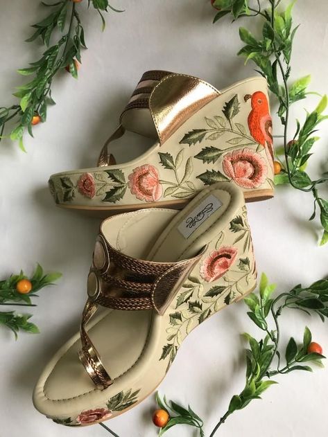 71a58e8cb75904f24cde464161c3e766desc36934271ri Bridal Sandals Heels, Wedges Outfit, Indian Shoes, Bridal Sandals, Girly Shoes, Outfit Winter, Fashion Sandals, Leather Wedges, Pretty Shoes