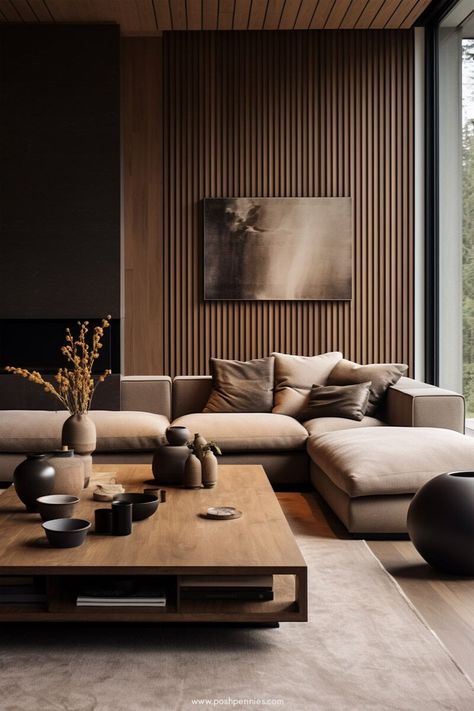 The Secret to Good Design: Symmetry and Balance - Posh Pennies Black And Grey Living Room Modern, Modern Wabi Sabi Interiors Living Room, Dark Media Wall, Dark Japandi Interiors, Dark Japandi Living Room, Dark Organic Modern, Organic Modern Dark, Moody Minimalist Living Room, Moody Japandi