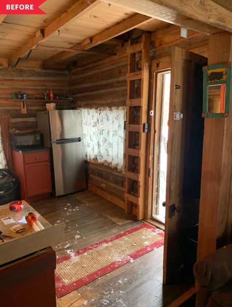 Other people would have torn this cabin down entirely! READ MORE... One Room Cabin Interior, Old Cabin Interior, Ikea Faucet, Log Cabin Remodel, Tiny Cabins Interiors, Build A Platform Bed, Cabin Makeover, One Room Cabin, Small Cabin Interiors