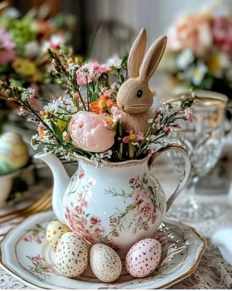 Easter Birdcage Decor Ideas, Spring Summer Floral Arrangements, Small Spring Table Centerpieces, Modern Farmhouse Floral Arrangement, Decorating With Dishes, Easter Tea Cup Crafts, Black And White Easter Tablescapes, Spring Easter Mantel Decorating Ideas, Easter Coffee Table Decor Trays