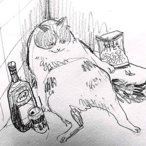 Drunk Cat, Cat Doodle, Cat Sketch, Cat Drawings, Sketchbook Inspo, Arte Sketchbook, Sketchbook Ideas, Sketchbook Art Inspiration, Cat Drawing