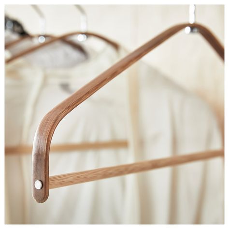 HÖSVANS Hanger, bamboo, Package quantity: 5 pack. Lightweight hangers with an elegant shape will keep all your blouses and shirts in place. Since they’re made of the natural material bamboo, each hanger has a unique wood grain. Hanger: Bamboo. Ikea Hangers, Bamboo Hanger, Bridal Shop Interior, Bamboo Species, Hangers Clothes, Closet Hangers, Industry Design, White Closet, Ikea Ireland