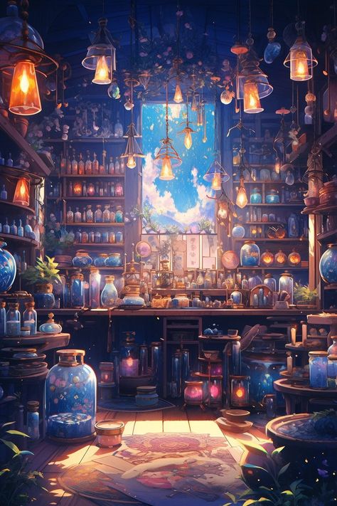 A Whimsical Magic Potions Shop Fantasy House, Potions Shop, D And D, Wattpad Background, Magic Potions, Fantasy Shop, Cool Backgrounds Wallpapers, Fantasy Homes, Fantasy Setting