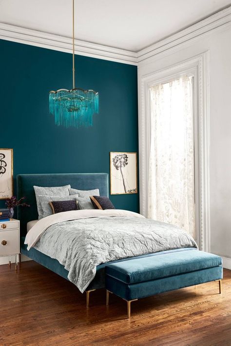 It's hard not to notice the resurgence of velvet. The fabric, which had its heyday in the '90s, is coming back with a vengeance. It first Idea Bilik Tidur, Reka Bentuk Bilik Tidur, Apartment Color Schemes, Bedroom Paint Colors Master, Bedroom Turquoise, Teal Bedroom, Hiasan Bilik Tidur, Teal Walls, Wooden Floors