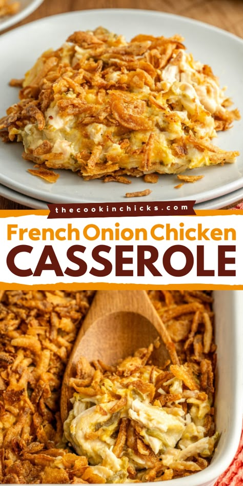 Elevate your weeknight dinner recipes by learning how to make the best french onion chicken bake out there! It's a simple comfort food at its finest that the whole family will love! So good! Tasty Onion Chicken, French Onion Chicken Noodle Casserole, Chicken French Onion Casserole, French Onion Chicken And Rice Casserole, Chicken With French Fried Onions, Crispy Chicken Casserole, Chicken Caseroles, Crispy Onion Chicken, French Fried Onion Chicken