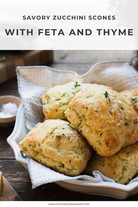 Savory Scones with Zucchini, Feta and Thyme Zucchini Scones Recipe, Zucchini Scones, Savory Zucchini Bread, Savory Scones Recipe, Garden Zucchini, Zucchini Feta, Thyme Recipes, Savory Scones, Zucchini Bread Recipes