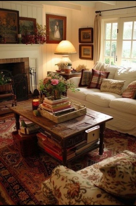 Eclectic Elegant Living Room, French Country Cottage Decorating Ideas, Antique Cottage Living Room, Vintage Country Living Room, English Cottage Style Living Room, English Cottage Style Interior, English Style Living Room, Cottage Living Room Decor, Traditional Home Decor Living Room