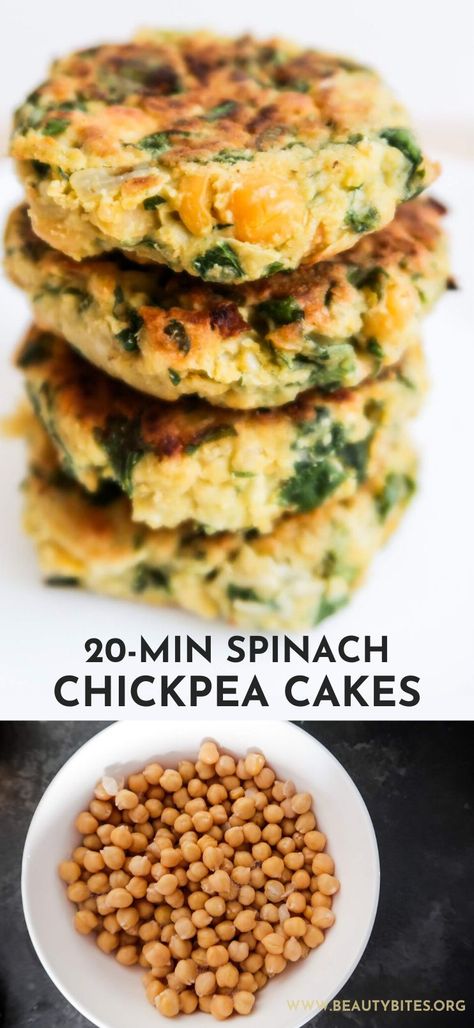 Easy spinach chickpea cakes recipe! This is a healthy chickpea recipe that is delicious and perfect for lunch, dinner or a snack! Serve with salad and hummus for a healthy vegetarian meal! Chickpea Recipes Healthy, Chickpea Cakes, Chickpea Spinach, Chickpea Recipe, Beauty Bites, Beauty Cakes, Chickpea Recipes, Tasty Vegetarian Recipes, Spinach Recipes