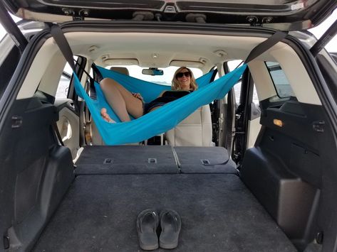 Suv Camping Accessories, Van Hammock Bed, Car Camping Gadgets, Aesthetic Car Camping, Hammock In Van, Compact Car Camping, Car Camping Suv, Suv Hammock, Car Camping Set Up