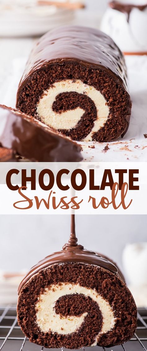 Swiss Roll Recipe, Ganache Glaze, Whipped Cream Filling, Mascarpone Whipped Cream, Chocolate Ganache Glaze, Roulade Recipe, Swiss Cake, Chocolate Swiss Roll, Chocolate Roll Cake