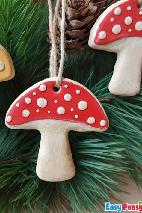 Salt Dough Pottery, Paint Salt Dough Ornaments, Handmade Mushroom Ornaments, Salt Dough Mushrooms Diy, Diy Winter Ornaments, Saltdough Tree Ornaments, Salt Dough Xmas Decorations, Salt Dough Cookie Ornaments, Group Ornament Ideas