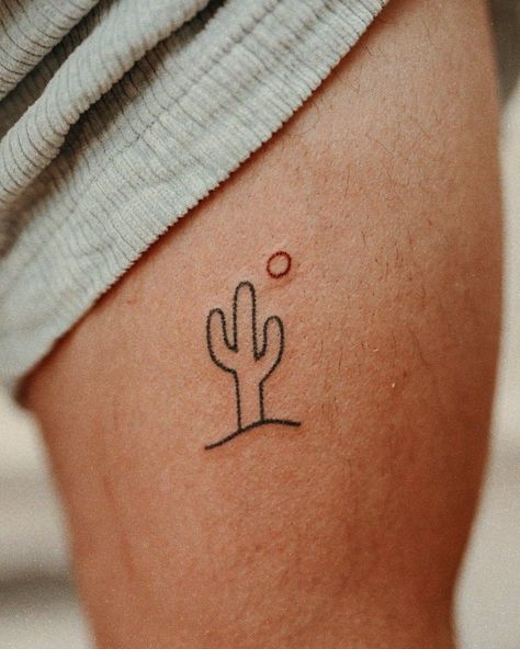 Grace Wise - Handpoke on Instagram: “Fun little cactus with a red moon moment. 🌵” Cactus Rib Tattoo, Stick And Poke Tattoo Cactus, Cat And Cactus Tattoo, Cactus With Sun Tattoo, Cactus Tiny Tattoo, Fun Fine Line Tattoos, Black Cactus Tattoo, Cactus Flash Tattoo, Cactus Minimalist Tattoo