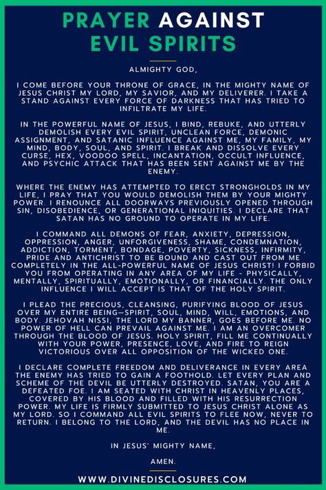 Arm yourself spiritually with this powerful prayer against evil spirits. These potent words call upon God's authority to rebuke darkness, break malevolent influences, and establish a protective shield around you. Share this impactful prayer to cleanse your surroundings, fortify your faith, and claim victory over spiritual attacks. Essential for those seeking deliverance and divine safeguarding from negative forces. #prayeragainstevilspirits #spiritualdeliverance #spiritualwarfare #breakthrough #spirituality #divineprotection #breakingevil #faithshield #spiritualvictory Prayers Against Halloween, Prayers To Rebuke The Enemy, Deliverance Ministry Spiritual Warfare, Prayer For Monitoring Spirits, Prayers Against Bad Dreams, Rebuke Evil Spirits, Breaking Strongholds Spiritual Warfare, Prayers To Remove Toxic People, Prayer To Pass An Exam