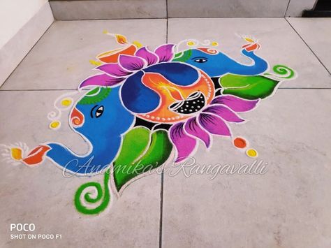 elephant rangoli • Instagram Elephant Rangoli For Diwali, Rangoli Designs Elephant, Rangoli Elephant Design, Elephant Rangoli Design, Elephant Rangoli, Latest Rangoli Designs Images, Welcome Rangoli, Rangoli Painting, Best Rangoli Design