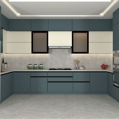 Kitchen designs ideas Two Colour Kitchen Units, Modern Kitchen Cabinet Colors, Chimney Cabinet, Open Kitchen Layout, Clean Kitchen Design, Kitchen Designs Ideas, Kitchen Unit Designs, Kitchen Cabinetry Design, Simple Kitchen Design