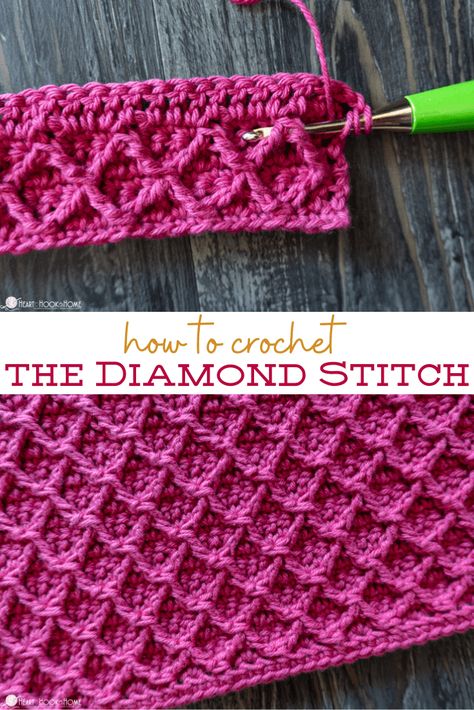 The Diamond Stitch creates such amazing depth, texture, and visual appeal. Let's learn how to crochet this gorgeous stitch today! Crochet Diamond Stitch, Diamond Stitch Crochet, Crochet Methods, Crochet Steps, Stitch Template, Crochet Diamond, Mom Blanket, Crochet Stitches Guide, Crochet Stitches For Blankets