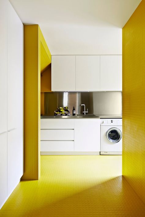 Yellow Laundry Rooms, Rubber Tiles, Laundry Design, Yellow Tile, Gothic Revival, Yellow Interior, Yellow Kitchen, Laundry Room Design, Australian Homes