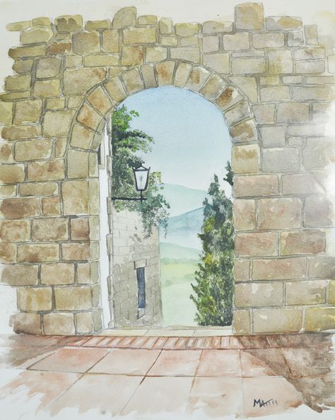 Watercolor Stone Wall, Clothesline Paintings, Craftsman Door Trim, Watercolour Buildings, Exterior Entrance Doors, Interior Door Trim, Craftsman Door, Brick Arch, Travel Painting