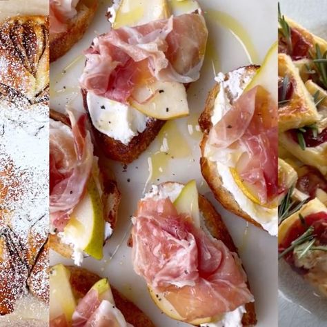 Brunch Ideas With Friends, Pear And Prosciutto Crostini, Ricotta Baguette Appetizer, Pear Bruschetta Appetizers, Baguette Toppings Appetizers, Tapas Food Ideas, Things On Toast, Meals With Ricotta, Crostini Appetizers Prosciutto