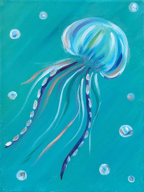 *FR*Jellyfish Paintings For Kids Painting Ideas Jellyfish, Beachy Paintings, Baby Jellyfish, Beachy Art, Jellyfish Painting, Beach Art Painting, Underwater Painting, Seashell Painting, Paint Nite