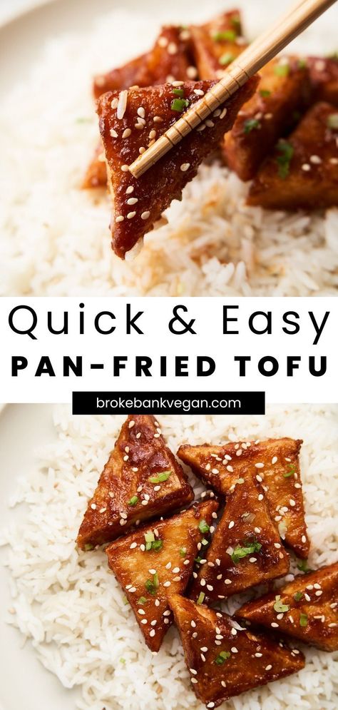 This is the perfect pan-fried tofu recipe! It's quick, easy, and extra crispy. Each piece is fried to golden-brown perfection, then generously coated in a flavorful marinade featuring soy sauce, Sriracha, garlic, and maple syrup. Sit down to a protein-packed meal in 15 minutes or less! #panfriedtofu #tofurecipe #easytofurecipe Essen, Pan Fried Sesame Garlic Tofu, Pan Fried Garlic Tofu, How To Pan Fry Tofu, Easy Pan Fried Tofu, Easy Fried Tofu Recipe, Easy Fried Tofu, Crispy Tofu Marinade, Sprouted Tofu Recipes