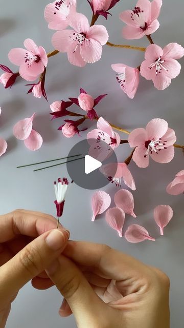 Cherry Blossom Fabric Flower, Sakura Paper Flower Diy, Simple Diy Flowers, Cherry Blossom Crepe Paper, Crepe Paper Cherry Blossoms, How To Make Cherry Blossom Flowers, Paper Cherry Blossom Diy, Diy Cherry Blossom Flowers, Cherry Blossom Craft