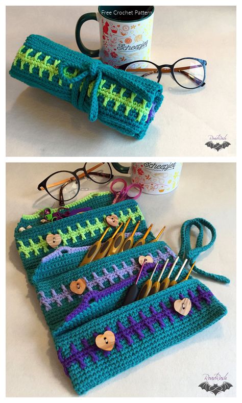 Crochet Hook Holder Case Free Pattern Video Tutorial Crochet Hook Case Pattern, Crochet Accessories Free Pattern, Crochet Pencil Case, Crochet Hook Organizer, Crochet Hook Holder, Crochet Organizer, Crochet Hood, Crochet Hook Case, Crochet Case