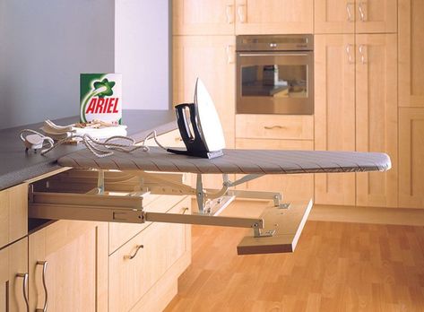 Laundry Folding Tables, Ironing Board Storage, Pull Out Ironing Board, Small Utility Room, Utility Room Designs, Folding Laundry, House Extension Design, Kitchen Storage Solutions, Kitchens And Bedrooms