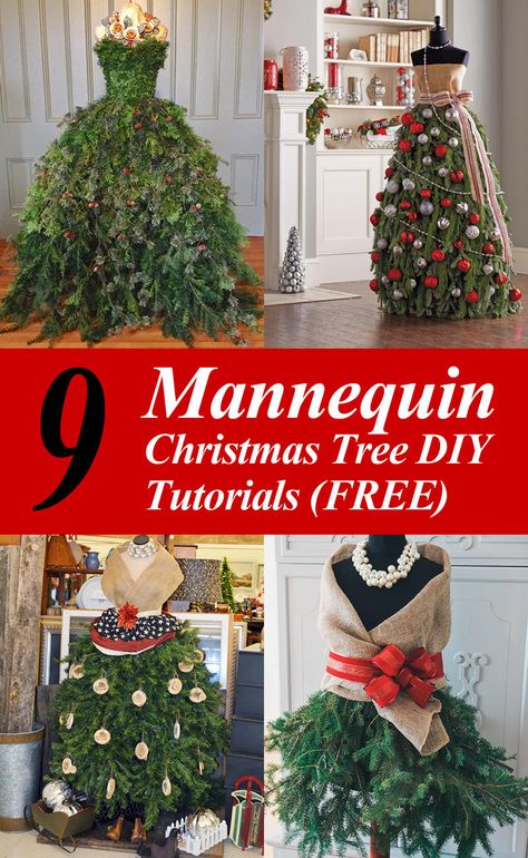 DIY Mannequin Christmas Tree – 9 Dress Form Tutorials (Free) Diy Mannequin, Tree Collar Christmas, Dress Form Christmas Tree, Mannequin Christmas Tree, Diy Christmas Tree Topper, Christmas Tree Dress, Christmas Tree Diy, Christmas Tree Decorating Themes, Flocked Christmas Trees Decorated