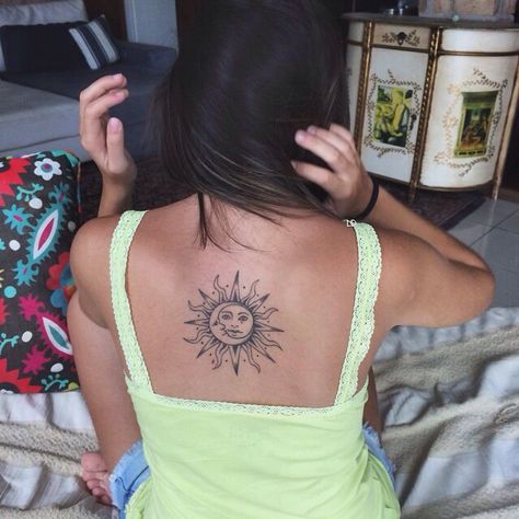 Moon Sun Back Tattoo, Upper Back Sun Tattoo, Sun And Moon Tattoo On Back, Sun Moon Tattoo Back, Sun And Moon Tattoo Back, Sun And Moon Tattoo Arm, Moon Tramp Stamp, Sun And Moon Back Tattoo, Sun Back Tattoo